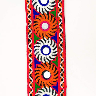 Black Cotton Fabric Trim with Multicolor Embroidery and Real Mirror, Kutch Embroidery Trim, Mirror Lace